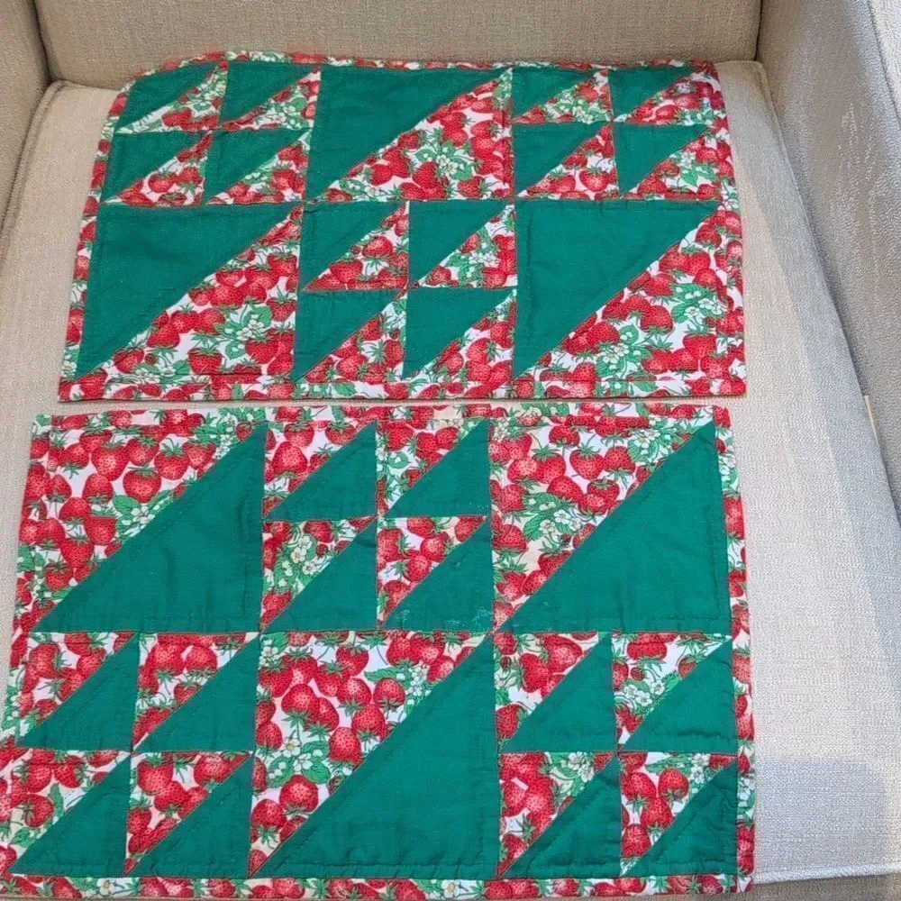 Vintage Hand Stitched Quilted Strawberry Placemats Set of 4